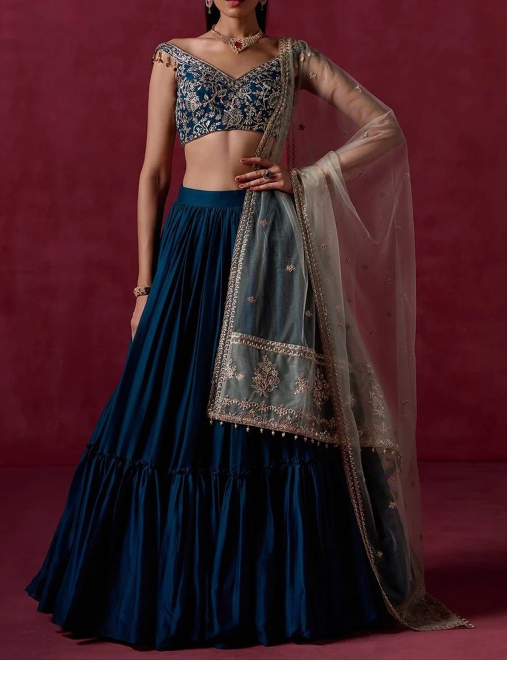 Teal Green Embroidered Crepe Silk Lehenga